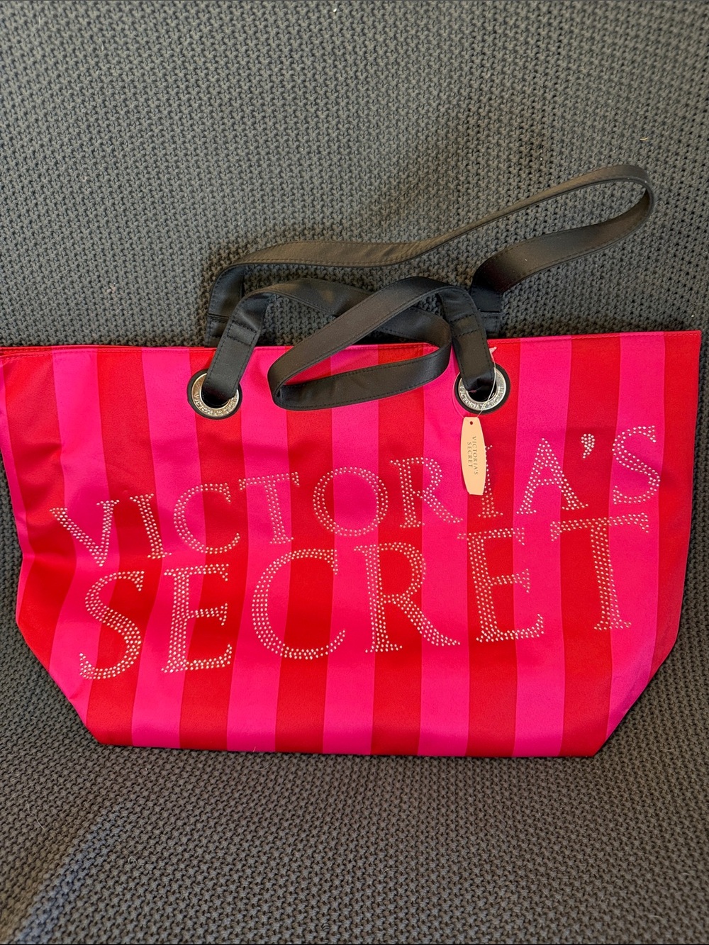 Victoria's Secret Hot Pink & Red Striped Logo Tote - Picture 1 of 7